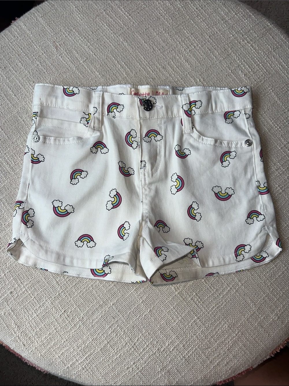 White High-Waist Girls' Shorts with Rainbow Print.  Size 6X.